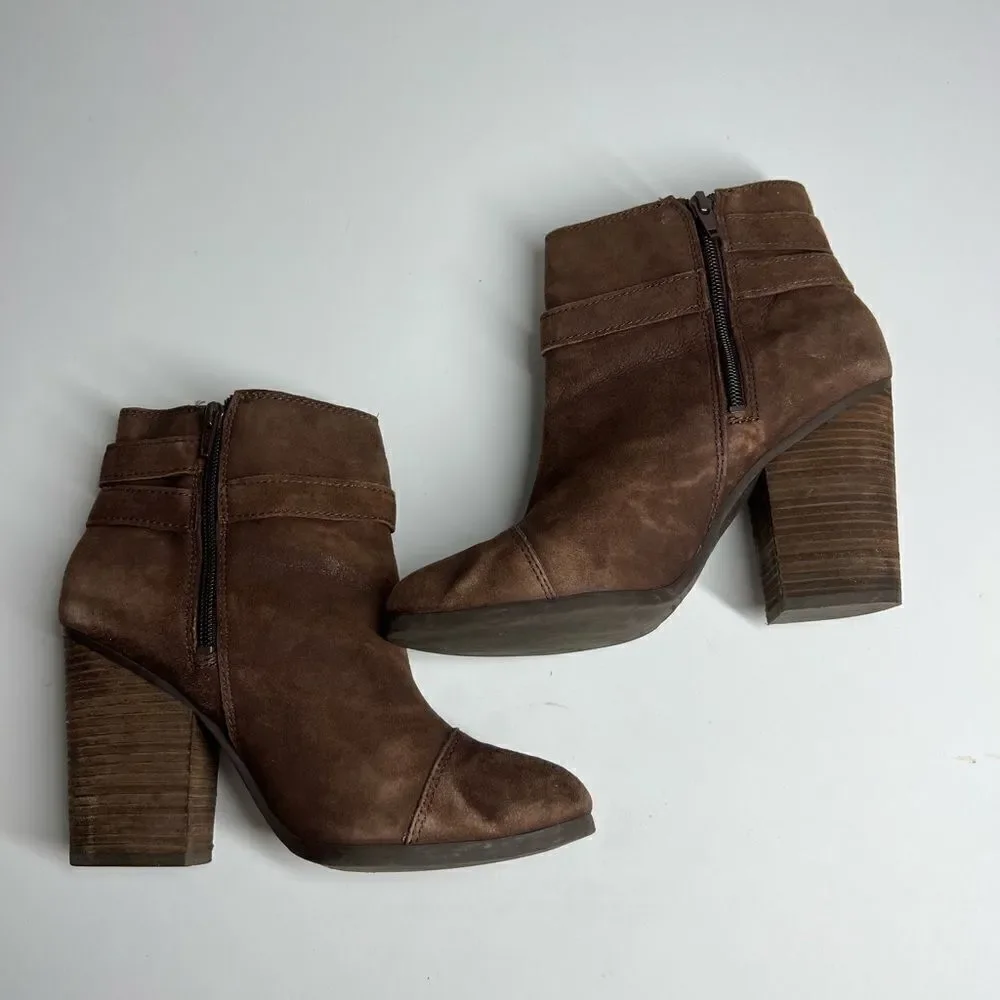 Lucky Brand Womens Lauren Ankle Boots Brown Suede Block Heels Zip Buckle  Sz8M